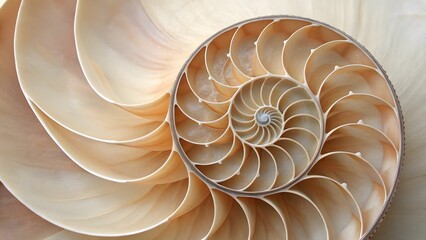 Close up of a nautilus shell revealing its intricate spiral chambers and golden brown and cream colored patterns