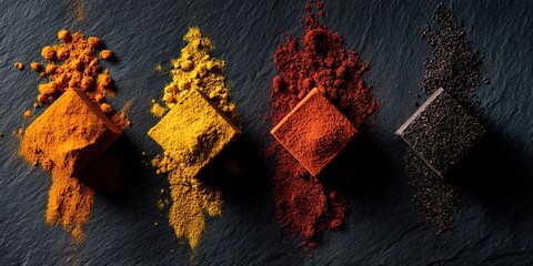 Vibrant spices arranged on a dark stone surface highlight their rich colors and textures for culinary inspiration in a kitchen setting
