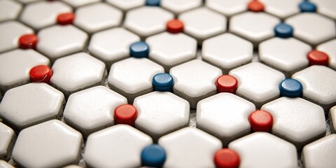 Strategy board game with interlocking hexagonal tiles in red and blue at a local game night event