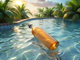 Message in a bottle floats in a tropical swimming pool at sunset with palm trees and golden light