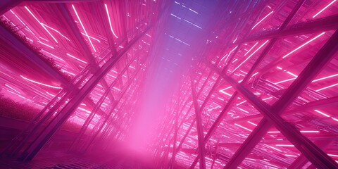 Vibrant neon lights illuminate a futuristic space with intricate structures and a misty ambiance