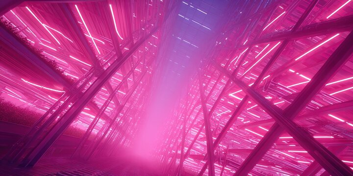 Vibrant neon lights illuminate a futuristic space with intricate structures and a misty ambiance