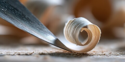 Close-up of a wood shaving curling from a chisel in a workshop, showcasing craftsmanship and precision in woodworking
