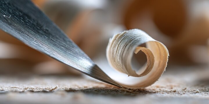Close-up of a wood shaving curling from a chisel in a workshop, showcasing craftsmanship and precision in woodworking