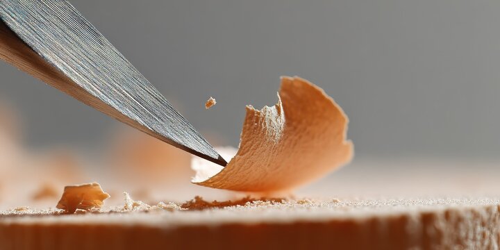 Woodworking close-up shows craftsmanship in action with shavings flying from a sharp chisel