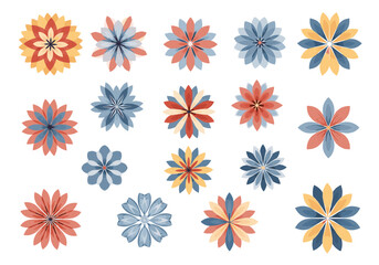 Collection of stylized geometric floral shapes in various color palettes.