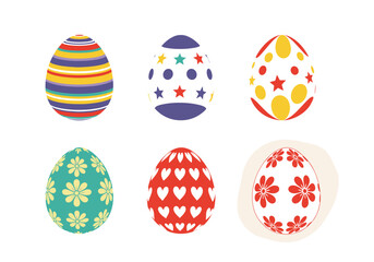 Collection of six brightly decorated Easter eggs with various patterns and colors.