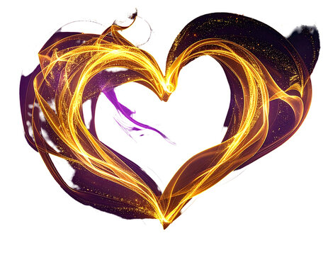 An ethereal glowing heart shape, with golden and purple light trails. The background is pure black, highlighting the vibrancy of the form