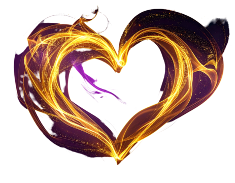 An ethereal glowing heart shape, with golden and purple light trails. The background is pure black, highlighting the vibrancy of the form