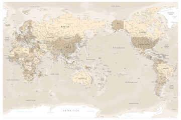 Vector world map centered on the Pacific Ocean, showing Asia, Australia, and the Americas. Beige and brown color palette with political borders and country names.