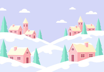 Fototapeta premium Pastel winter village on gentle snowy hills soft-flat semi-realistic seasonal landscape vector illustration