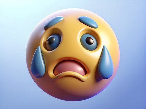 Close up of a 3d rendered crying emoji face with blue tears on a soft blue background