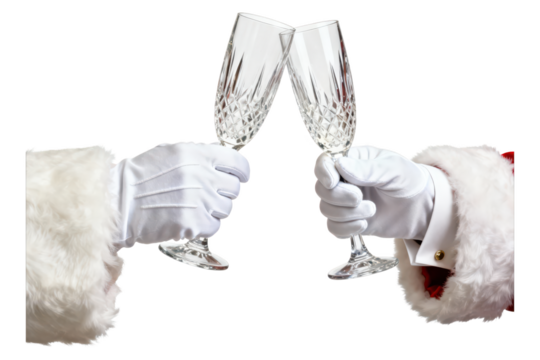 Close-up of two people in Santa costumes clinking elegant crystal champagne glasses during holiday celebration with festive attire and joyful mood