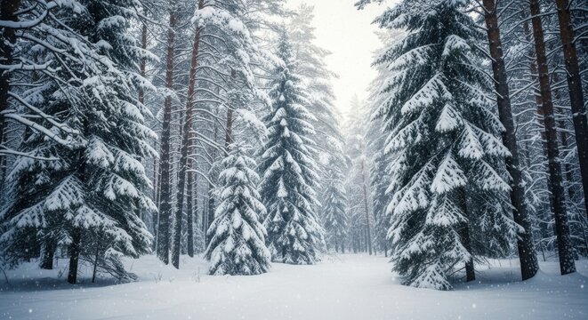 Peaceful winter forest scene with snow covered trees and soft sunlight