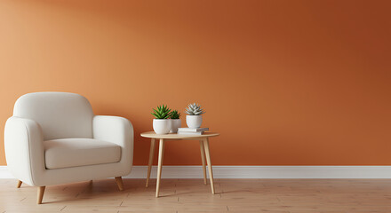 Cozy living room interior with beige armchair and succulent plants