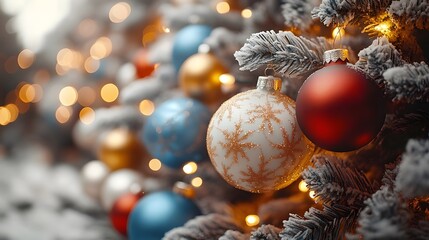 A festive Christmas scene with colorful knickknacks hung on frost-covered branches.