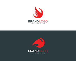 Red abstract wing shape logo on white and dark grey backgrounds vector