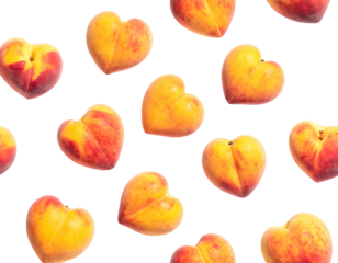 Assortment of fresh, heart-shaped peaches on a dark background. The arrangement is random and playful