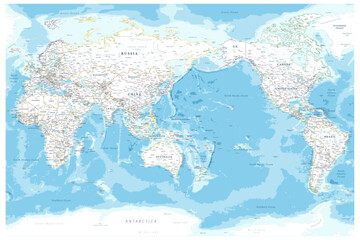 Vector world map centered on the Pacific Ocean. Bright political map with countries, capitals, and oceans labeled. Detailed and colorful design for educational or decorative use.