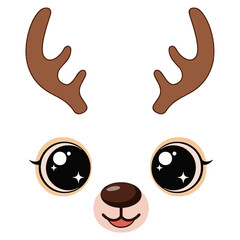 Adorable Kawaii Reindeer Face Illustration with Sparkly Eyes and Antlers