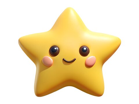 Adorable cartoon yellow star character with a happy face and rosy cheeks isolated on white background