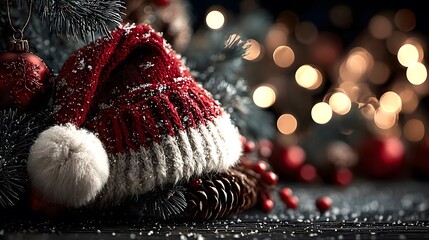 A festive scene depicting Santa's red hat with a white pompom lying on snow-covered fir branches.