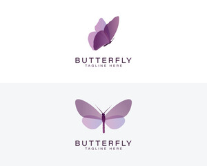 Two purple gradient butterfly logos with text placeholders insect