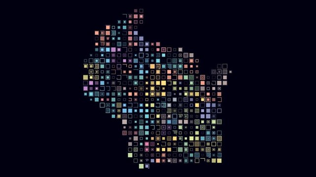 Wisconsin animated shape. Pulsating colored dots on the map of the state. Large size square blocks. Digital style Wisconsin map on dark background. Trending animation video.