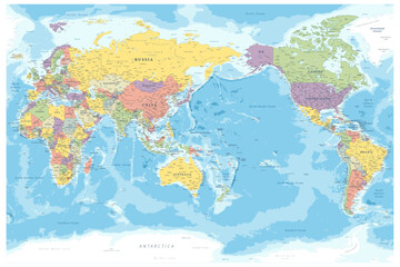 Vector world map Pacific View. Colorful political map showing countries in bright tones with borders, capitals, and major cities labeled.