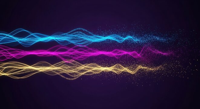 Colorful digital waves with binary code appear against a dark background, creating a vibrant abstract design - Powered by Adobe