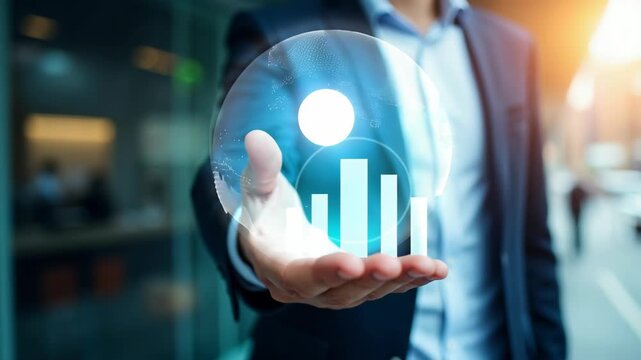 Close up of a businessman in a suit holding a virtual interface displaying business analytics, growth graphs and data visualization, symbolizing modern digital strategy and innovation. - Powered by Adobe
