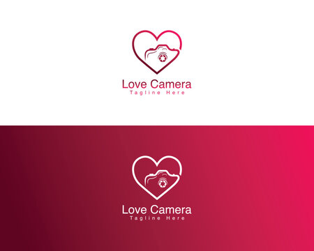 Heart shaped camera logo with text Love Camera and tagline photography