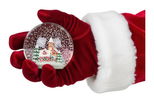Santa's gloved hand holding a festive snow globe with Christmas village scene