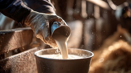 A farmer in gloves gently milks a cow by hand, with fresh milk flowing into a metal pail in a traditional barn setting.
