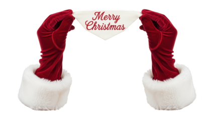 Festive Christmas scene featuring red velvet gloves with white fur trim holding a heart-shaped sign with a holiday greeting on a blank background