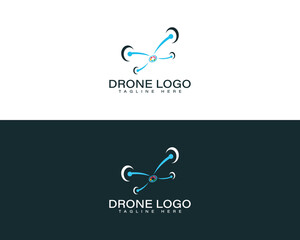 Blue drone technology logo with camera lens and text aerial