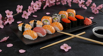 Delicious Sushi Platter with Salmon Rolls and Cherry Blossom Decoration