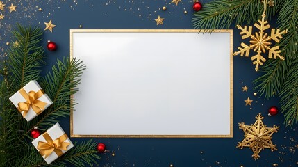 A rectangular frame with a white center is framed by golden edges on a dark blue background. It is decorated with pine branches, red and gold ornaments and small gift boxes