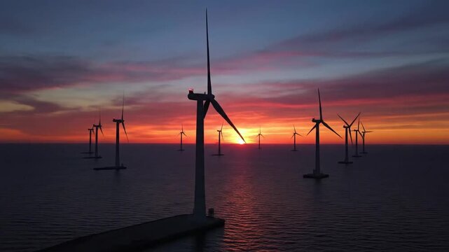 Offshore wind turbines in the sea at sunset renewable energy concept blades rotating power generation