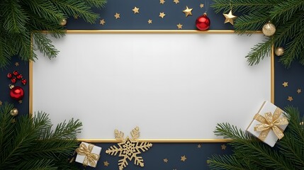 A rectangular frame with a white center is framed by golden edges on a dark blue background. It is decorated with pine branches, red and gold ornaments and small gift boxes.