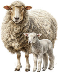 Obraz premium Adorable Sheep and Lamb Cuddling in a Pastoral Setting on a Bright, Sunny Day with Green Meadows