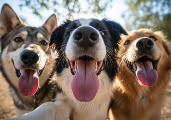 Three happy dogs of different breeds posing for a close up selfie outdoors on a sunny day