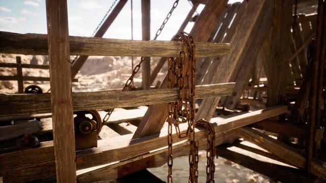 A close up view of a weathered wooden framework showcasing rusty chains hanging down. The structure is located at a construction site under a clear blue sky.