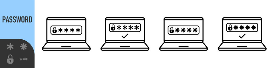Two steps authentication icon. Verification or sms with code message confirmation for account login. Multi-factor authentication verification code. Laptop password verification or sms with push code 