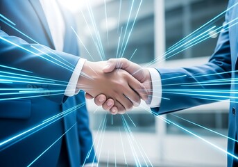 Two businessmen in suits shaking hands with glowing blue light streaks representing digital connection and technology
