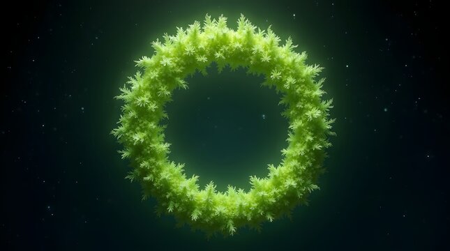 A vibrant green circular arrangement featuring lush foliage, set against a dark cosmic backdrop, symbolizing nature and harmony.