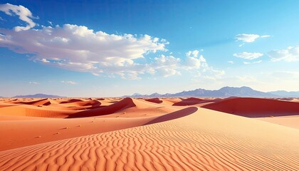 A wide expanse of golden sand dunes stretches towards a hazy mountain range under a clear blue sky with fluffy white clouds.