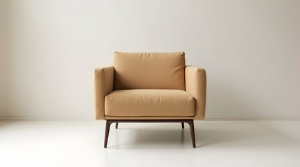 Modern beige armchair with wooden legs, designed for minimalistic interiors.