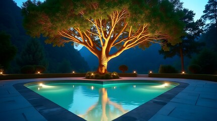 A stunning illuminated tree beside a tranquil pool, creating a serene evening atmosphere in a lush garden setting.