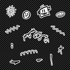 Doodle-style hand-drawn elements with faces and shapes on transparent background.